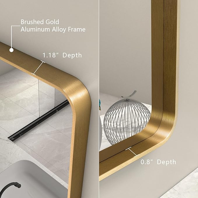 48x40 Gold Bathroom Mirror, Brushed Metal Frame Gold Vanity Mirror, Large Rectangle Mirror for Wall, Rounded Corner, Shatterproof, Anti-Rust (Horizontal/Vertical)