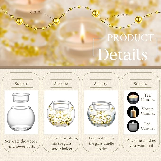 16 Pcs Glass Clear Votive Floating Candle Holders with 8 Pcs Bright Pearl String Beads, Tealight Bowl Candle Holder Bulk for Wedding Centerpiece Home Bridal Shower Party Decor (Gold)