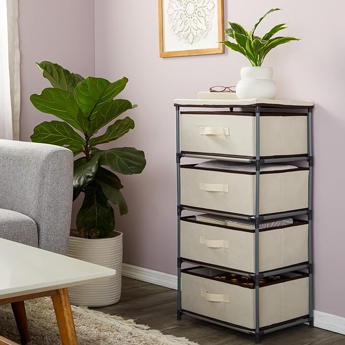 Juvale 4-Tier Dresser for Bedroom - 16.5 in L x 13 in W x 33 in H, Beige, Metal & Fabric - Freestanding Closet Organizer with Fabric Storage Drawers - Narrow Dresser & Cabinet with Drawers