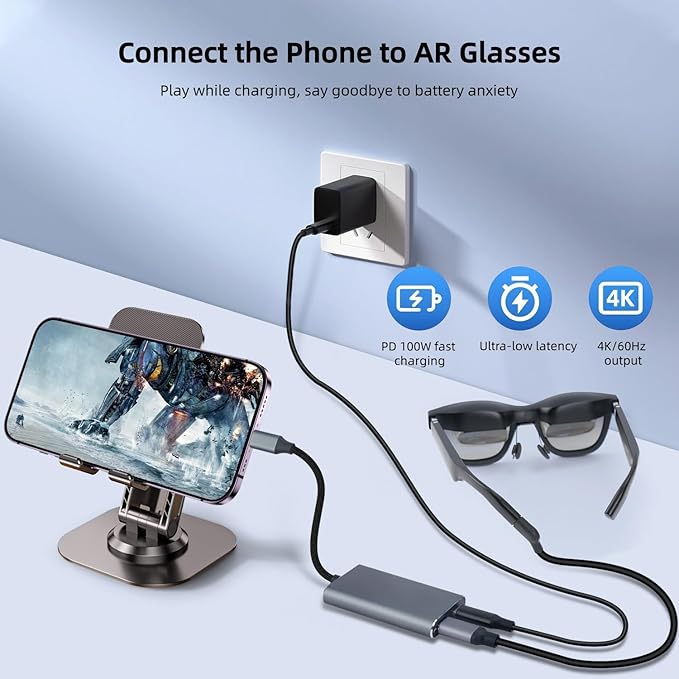 USB C to AR Glasses and Charging Adapter,Charge and Play,4K@60Hz Video,PD 100W Fast Charging,Compatible with AR Glasses, Switch2, Laptops,Phone17/16/15,Vitue,Steam Deck & Type-C Phone