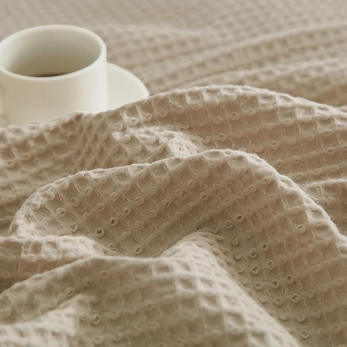 PHF 100% Cotton Waffle Weave Throw Blanket，Pre-Washed Snag Proof Lightweight Breathable Moisture-Wicking for Layering in Cold Weather for Couch Bed,Machine Washable,Home Decor Gift-Khaki/Simply Taupe