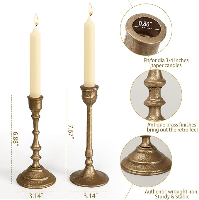 Iron Taper Candle Holder - Set of 2 Decorative Candle Stand - Candlestick Holder for Wedding, Dinning, Party - Antique Brass