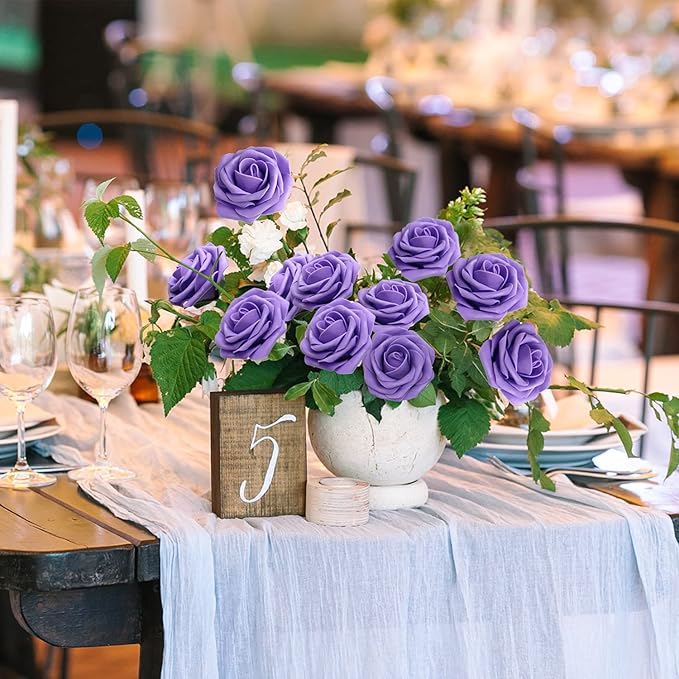 JOYLEX Purple Artificial Flowers Realistic Roses, 100pcs Real Looking Fake Roses with Stem for DIY Wedding Bouquets Centerpieces Bridal Shower Party Home Romantic Decorations (Purple)