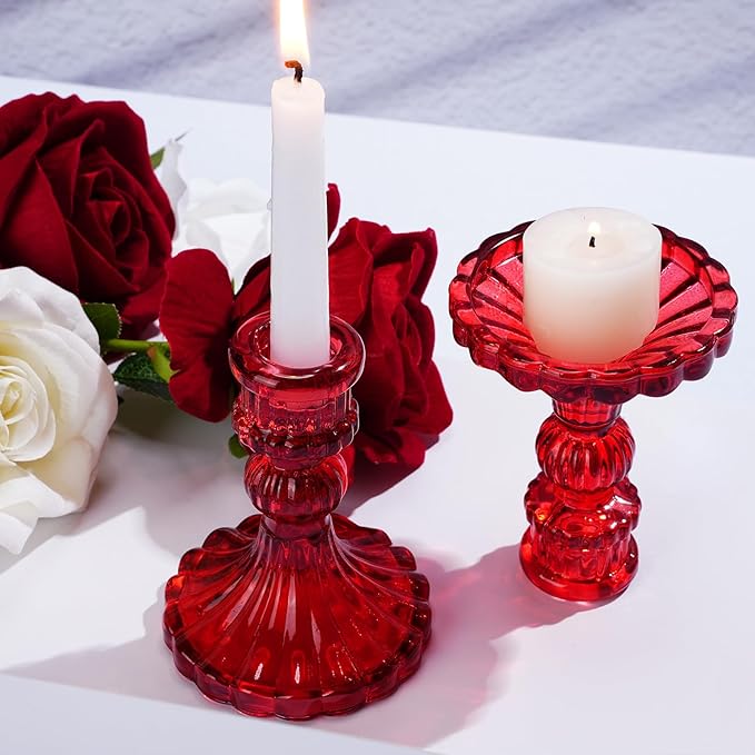 Suclain 24 Pcs Glass Taper Candle Holder Sets 12 Candlestick Holder with 12 White Long Candles for Wedding Party Decor Dinner Decoration(Red)