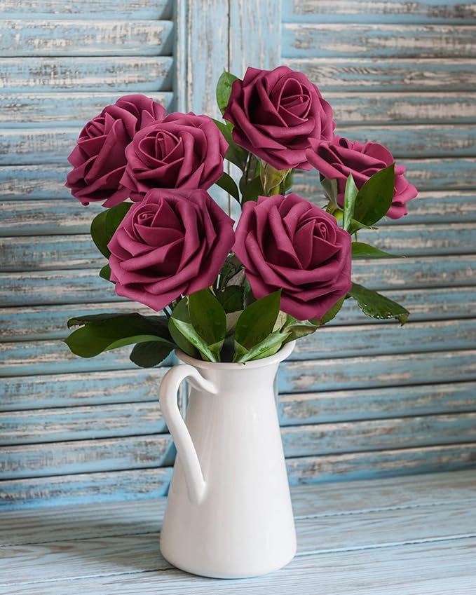 JOYLEX Artificial Flowers Realistic Roses, 25pcs Dark Red Real Looking Fake Roses with Stem for DIY Wedding Bouquets Centerpieces Bridal Shower Party Home Romantic Decorations (Wine Red)