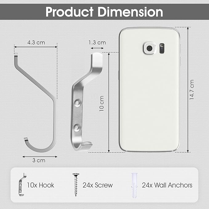 GlazieVault Coat Hook– Door Hook (10 Pack) - Heavy Duty Wall Mounted - Premium Design Rust Free Hooks