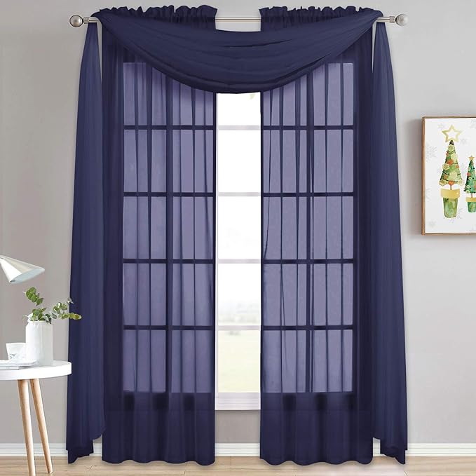 NICETOWN Dark Blue Sheer Window Scarves, Elegant Voile Sheer Window Dressings Sheer Curtains Multifunction for Kids Room/Party, 2 Panels, W60 x L216