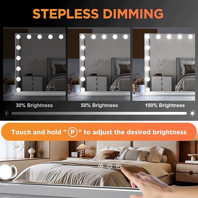 M MIVONDA Large Vanity Mirror with 17 Bulbs Lights, Hollywood Lighted Makeup Mirror for Desk and Wall, Dimmable 3 Lighting Modes, Plug-in & USB Charger Port