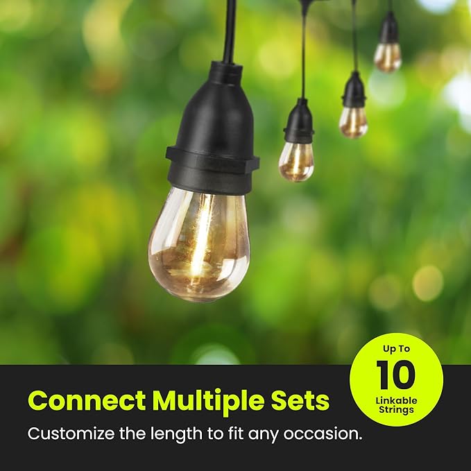 Feit Electric LED String Lights, 20ft Commercial Grade and Shatter Resistant String Lights with 10 Outdoor Sockets, Linkable, 15,000-Hour Lifetime, Wet Rated, SL20-10/FIL, 12 Bulbs Included