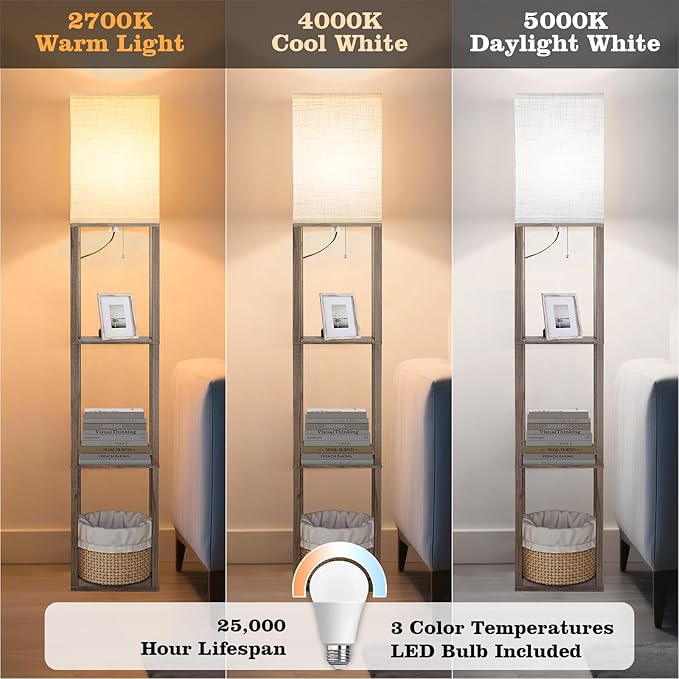 RUNTOP Floor Lamp with Shelves, Shelf Lamp with 3 Color Temperature LED Bulb,Lamps for Living Room, Standing Lamp Modern Tall Standing Light Display Shelf Floor Lamps for Bedroom, Office Home Decor