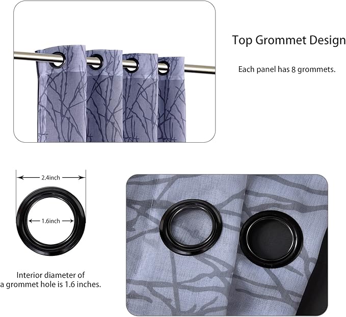 BONZER Mix and Match Curtains - 2 Pieces Branch Print Sheer Curtains and 2 Pieces Blackout Curtains for Bedroom Living Room Grommet Window Drapes, 54x63 Inch/Panel, Grey Dark, Set of 4 Panels