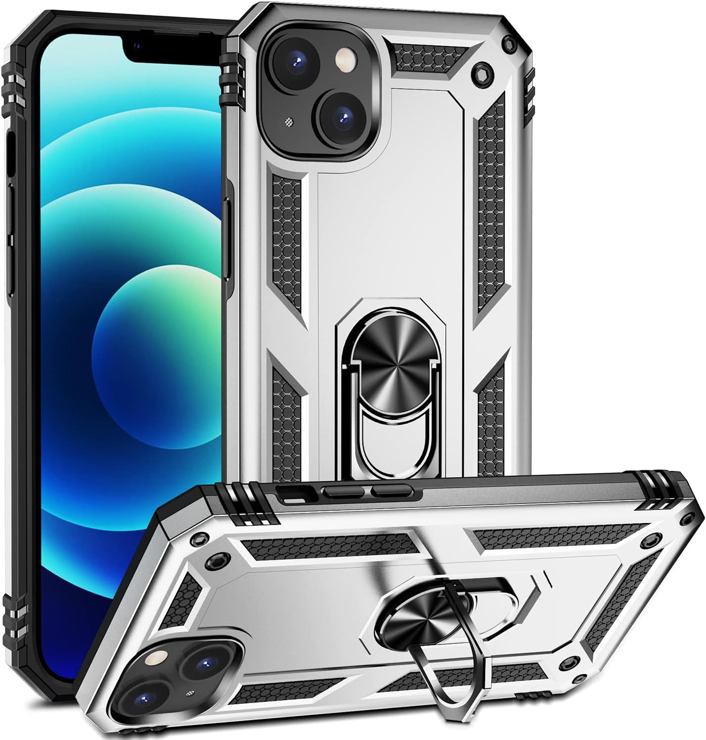 Military Grade Drop Impact Case for iPhone 14 Plus, 360 Metal Rotating Ring Kickstand Holder Armor Heavy Duty