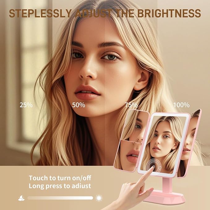 Rechargeable Trifold Makeup Mirror with Lights, 1X/3X/5X Magnification, Cordless 3-Color LED Vanity Mirror for Travel & Desk, Up to 20H Use, Ideal Gift for Women & Teens - Pink