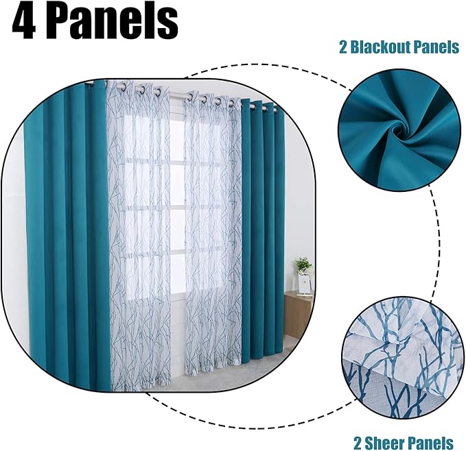 BONZER Mix and Match Curtains - 2 Pieces Branch Print Sheer Curtains and 2 Pieces Blackout Curtains for Bedroom Living Room Grommet Window Drapes, 37x95 Inch/Panel, Teal, Set of 4 Panels