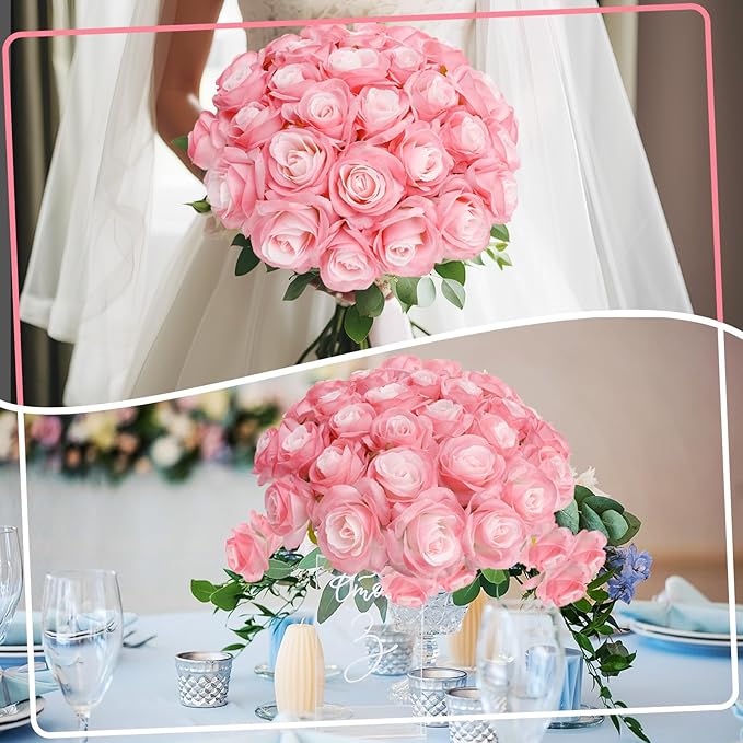 32 Pcs Light Pink Artificial Flowers Bulk, 20" Silk Gradient Blush Pink Real Touch Roses for DIY Wedding Bridal Bouquets, Centerpieces, Home Decor