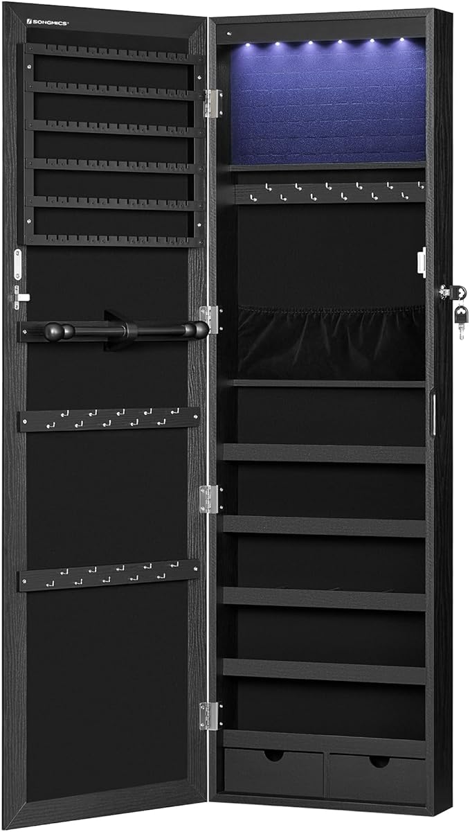 SONGMICS 6 LEDs Mirror Jewelry Cabinet, 47.2-Inch Tall Lockable Wall or Door Mounted Jewelry Armoire Organizer with Mirror, 2 Drawers, Christmas Gift, 3.9 x 14.6 x 47.2 Inches, Black