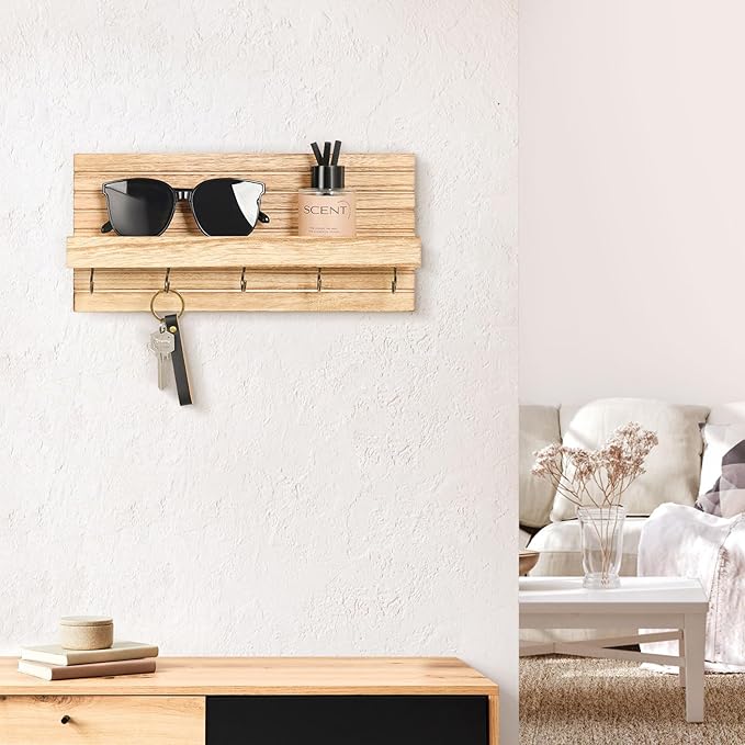 Decorative Key Holder for Wall with Shelf, Entryway Shelf with Hooks Holds Leashes, Jackets and Glasses – Sturdy Wood Keyholder Entrance Hanger with Mounting Hardware (Wood, Medium)