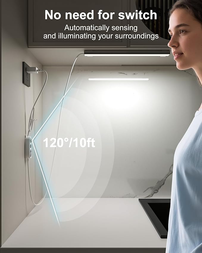 ASOKO Motion Sensor Dimmable Led Under Cabinet Lighting,12 inches Plug in Led Counter Light Bars, Daylight White 4500K Led Light Bar for Kitchen/Closet/Wardrobe/Shelf/Desk/Display Case