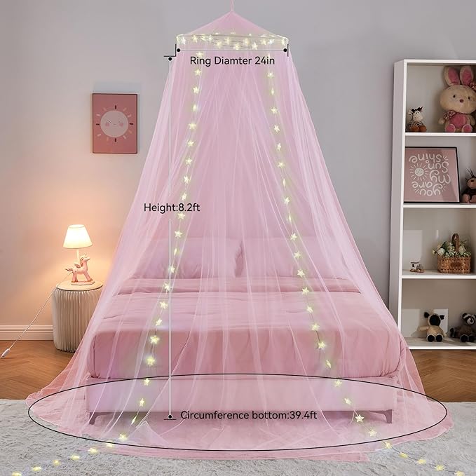Pink Bed Canopy for Girls,Canopy Bed Curtains with Star Lights,Battery/USB Operated Bed Canopy,Princess Canopy for Baby Cribs, Kid Beds, Girls Beds Or Full Size Beds