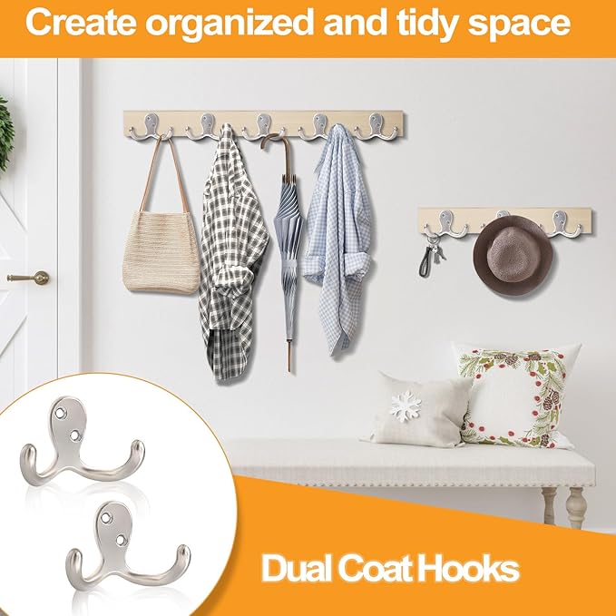 15 Pack Coat Hooks Wall Hooks for Hanging, Heavy Duty Double Prong Metal Hook Wall Mounted for Living Room, Bathroom, Kitchen, Bedroom for Coat, Bag, Scarf, Towel, Hat, Key, Cup (Silver)