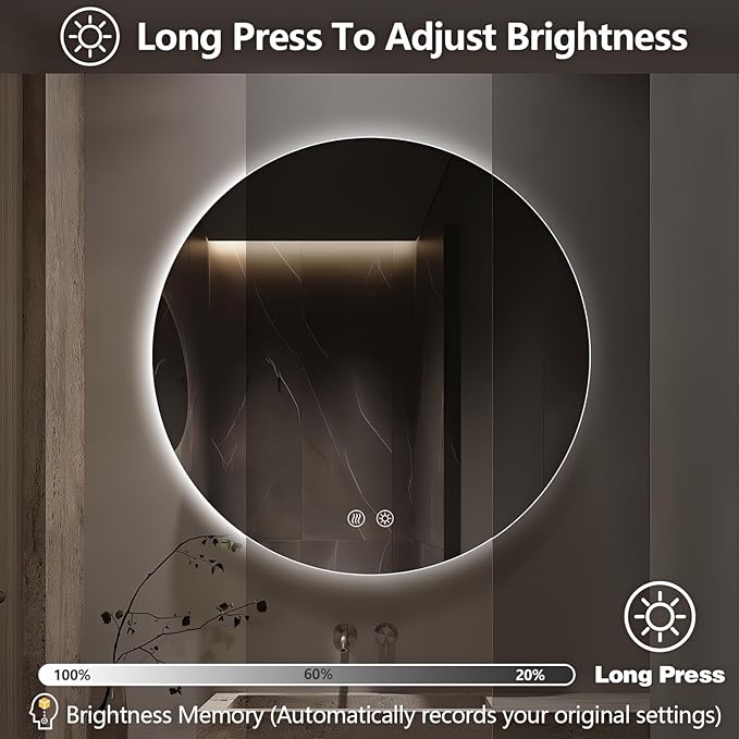 Niccy Round Led Mirror for Bathroom, 36" Circle Frameless Backlit Mirror wiht Light, Anti-Fog, 3 Colors, Waterproof, Memory Function