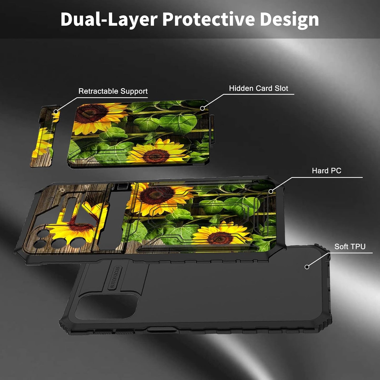 Samsung Galaxy A03s Case with Detachable Card Holder Slot, Heavy Duty Shockproof Cover, Sunflower Plank