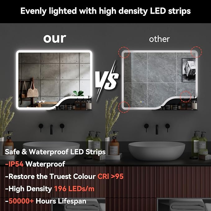 32"x 24" LED Bathroom Mirror with Shelf, 3 Colors Backlit Vanity Mirror with Lights, Wall-Mounted Bathroom Mirror with Lights, Smart Mirror with Anti-Fog, Stepless Dimmable, Memory (UL, ETL)