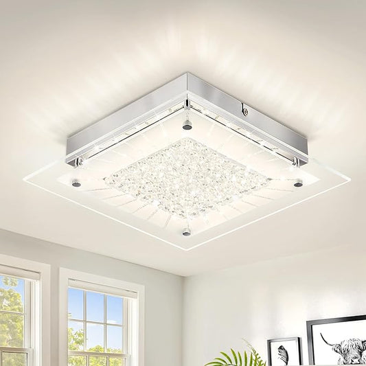 Flush Mount Ceiling Light 11IN Hallway Light Fixtures Ceiling Square Crystal Ceiling Light Fixture Dimmable Light Fixtures for Kitchen, Bathroom, Bedroom, Hallway Ceiling Lights