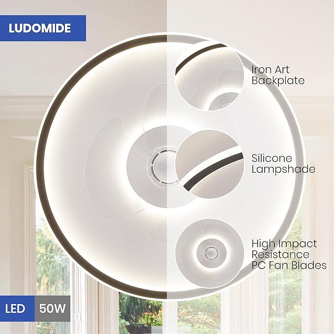 20" Flush Mount Ceiling Fan with Lights and Remote, 6 Wind Speeds, Dimmable LED for Bedroom, Kids Room and Living Room