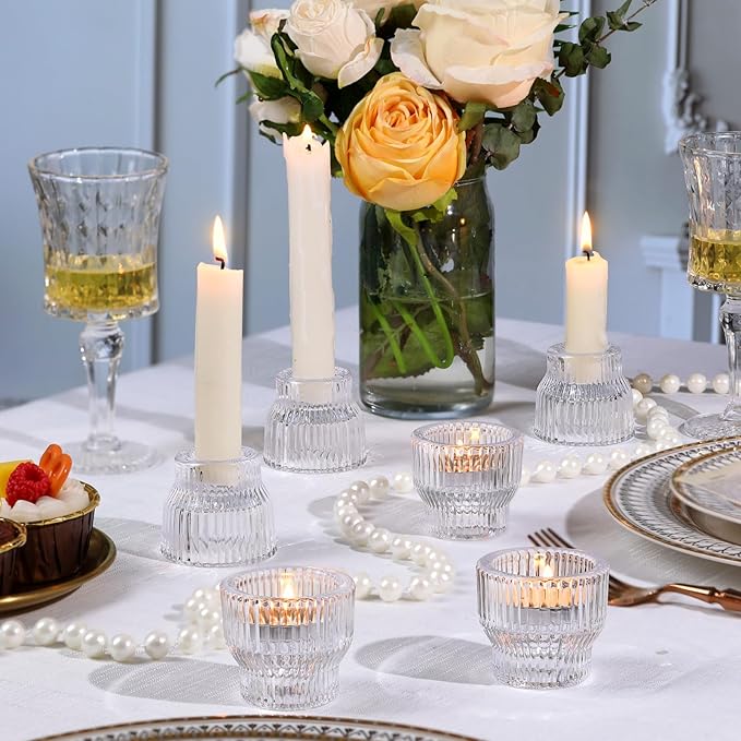 12pcs Clear Taper Candle Holders, Glass Candlestick Holders, Tea Light Candle Holder for Fall Wedding Centerpieces Table Decorations, Votive Candle Holders for Table Decor