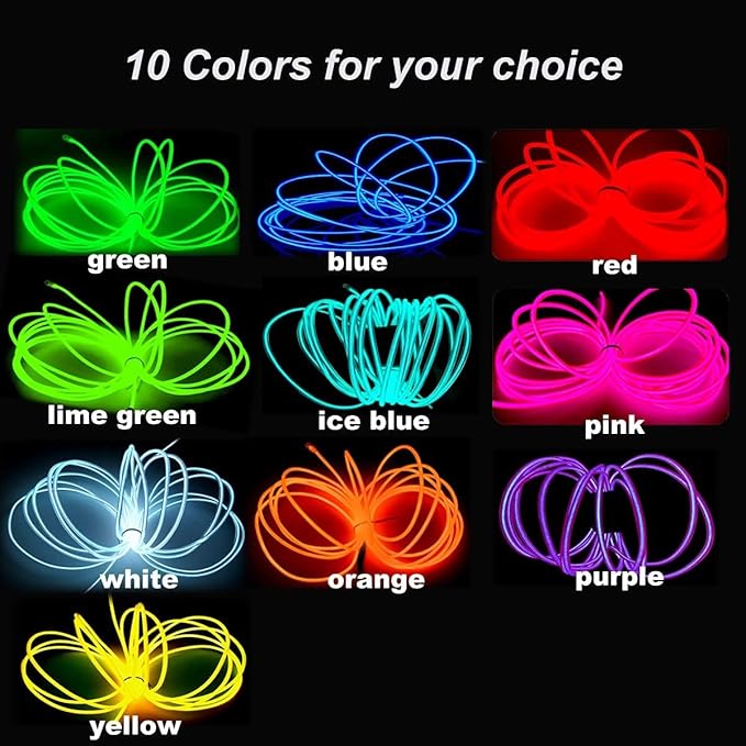 MaxLax EL Wire Ice Blue, 2M Portable Battery Pack Neon Light Strip 360° Cuttable Glowing Rope Lights for Parties, Halloween, DIY Decoration