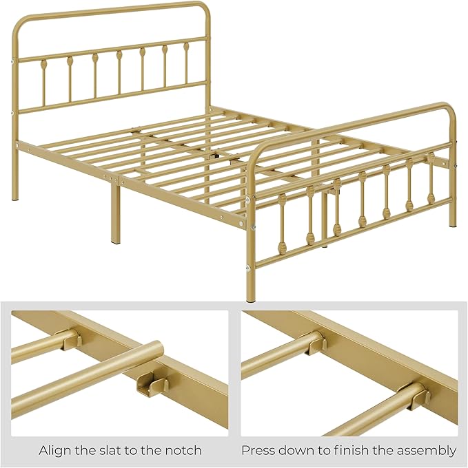 Yaheetech Classic Metal Platform Bed Frame Mattress Foundation with Victorian Style Iron-Art Headboard/Footboard/Under Bed Storage No Box Spring Needed Full Size Antique Gold