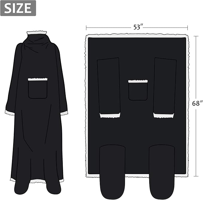 Catalonia Sherpa Wearable Blanket with Sleeves & Foot Pockets for Adult Women Men, Comfy Snuggly Wrap Sleeved Throw Blanket Robe, Gift Idea, Black