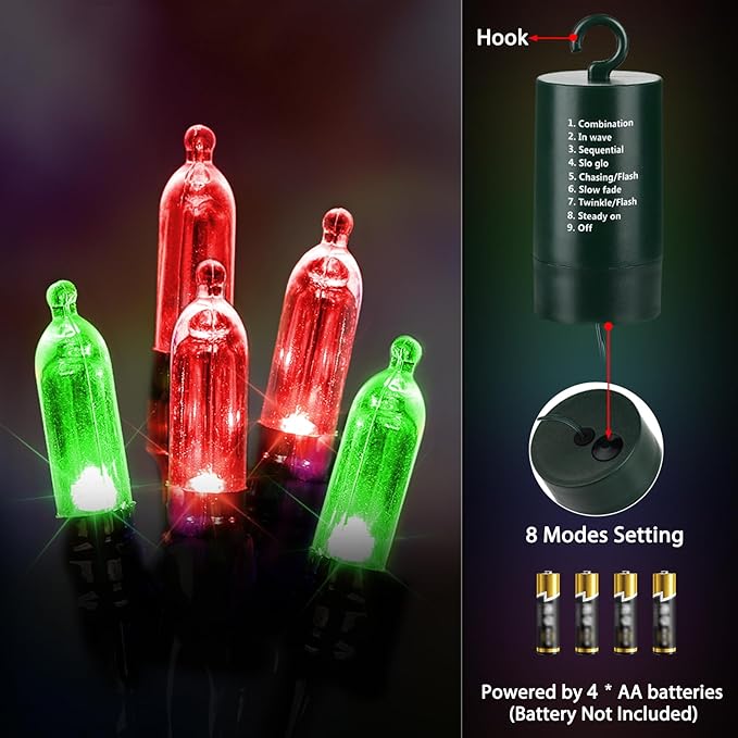 LYHOPE Battery Christmas Lights, 33ft 100 LED Christmas Lights Waterproof 8 Modes Battery Operated String Light for Outdoor & Indoor, Xmas Tree, Wreaths, Holiday Decoration (Red & Green)