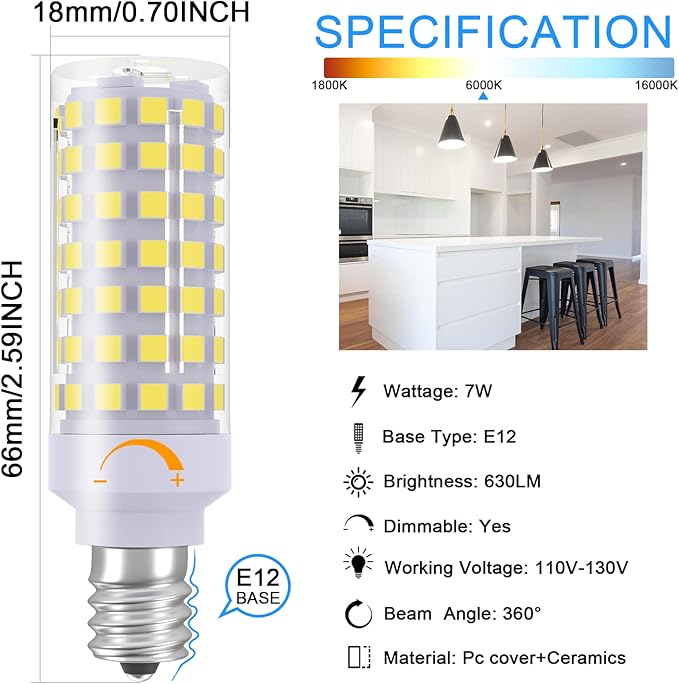 E12 LED Light Bulb Dimmable, 60W Halogen Equivalent, 6000K Daylight White, T6 Small Base 120V 7W 630LM C7 Bulbs for Ceiling Fan, Chandelier, Pendant Lighting, Salt Lamp, 3 Pack