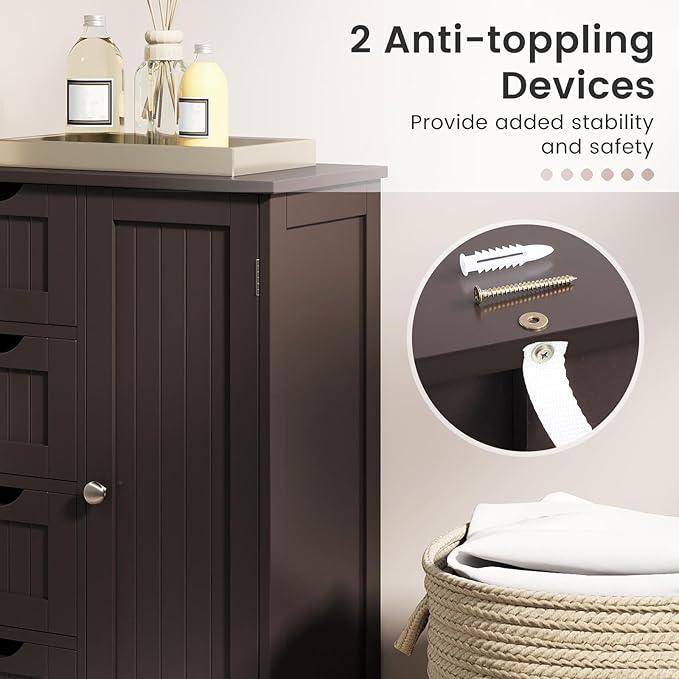 Giantex Bathroom Storage Cabinet with Drawers - 4 Drawer Storage Organizer w/Cupboard, Adjustable Shelf, Anti-Toppling Device, Entryway Storage Unit Console Table, Bathroom Floor Cabinet (Brown)