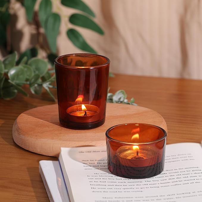 12pcs Assorted Amber Votive Candle Holders, Glass Candle Holder for for Fall Decor, Amber Tealight Candle Holder for Table Centerpiece, Wedding and Party Decor