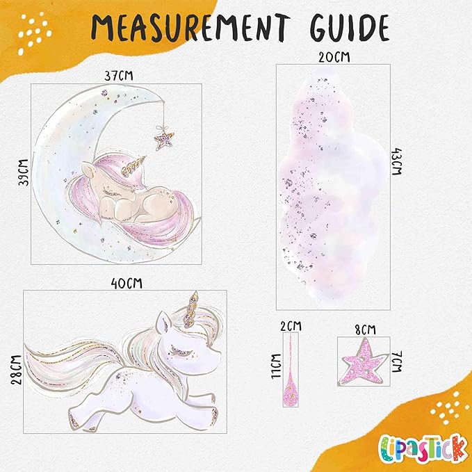 Unicorn Wall Decals by Lipastick - Vibrant Glitter Moon, Stars, Cloud Stickers for Girls Bedroom, Baby Nursery, Kids Room, Birthday Party Decor Art- Wall Stickers for Girls Room
