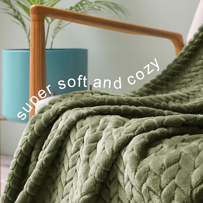 Exclusivo Mezcla Fleece Queen Size Blanket for Bed, 90x90 Inches Soft Cozy Jacquard Flannel Blankets, Lightweight Fuzzy Plush Warm for Winter, Olive Green