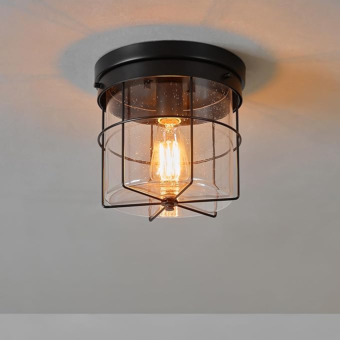 GLOBE Electric 60000162 1-Light Outdoor Flush Mount, Matte Black, Seeded Glass Shade, Thin Frame