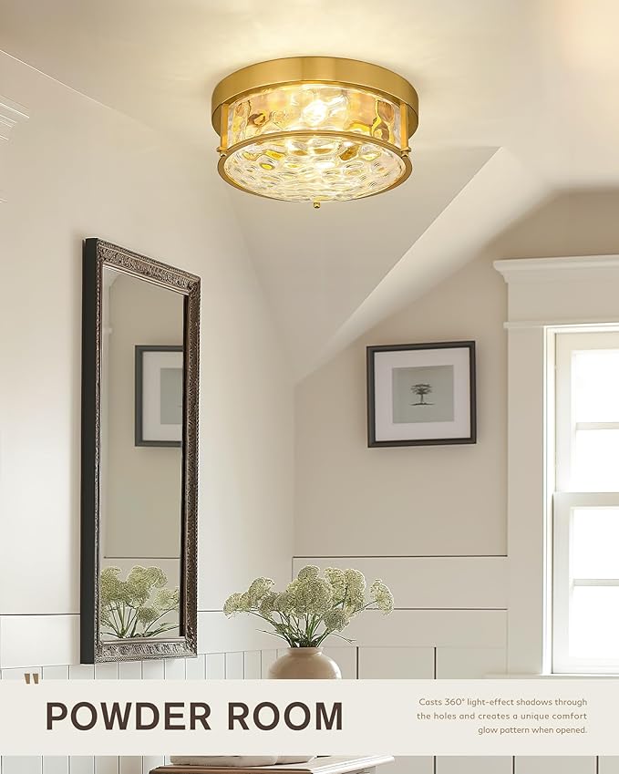 FEMILA 12" Brushed Gold Flush Mount Ceiling Light, Light Fixtures Ceiling Mount with Water Ripple Glass, for Kitchen, Bedroom, Living Room, 4FTJ22WG-F BG