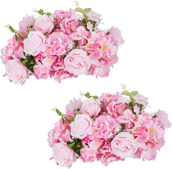 NUPTIO Flower Ball Arrangement Bouquet - 2 Pcs 14.2 inch Diameter Pink Fake Flowers Roses Balls for Centerpieces Tables - Artificial Rose Arrangements for Wedding Centerpiece Table Decorations