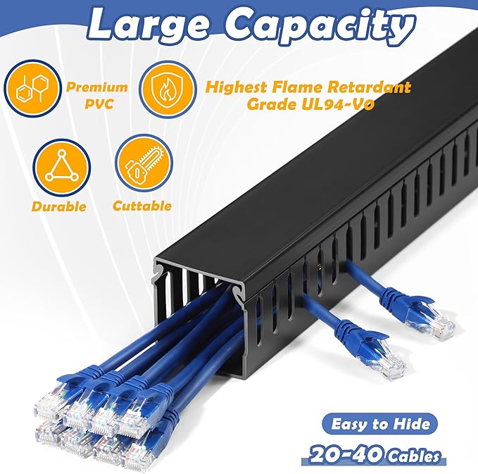 ZhiYo 2 x 2in Professional Server Rack Cable Management Raceway, 99in (6X L16.5in) Cable Raceway Kit, Electrically Safe PVC Open Slot Wire Raceway for Under Desk/Computer/Network Cords, Black