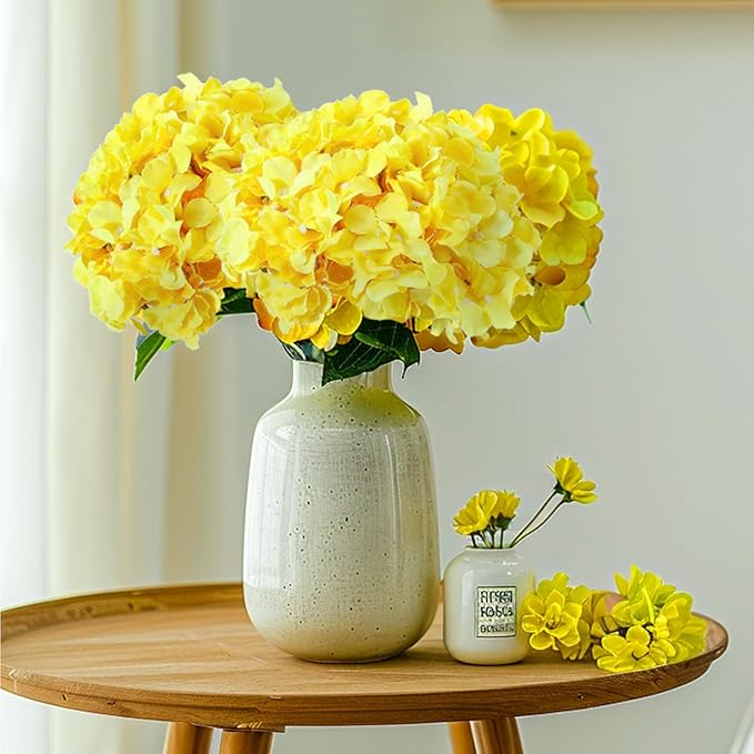 Auihiay 64pcs Hydrangea Artificial Flowers, Yellow Silk Hydrangea Heads with Stems, Hydrangea Flowers for DIY Wedding Centerpiece Baby Shower Home Party Decor (Yellow)