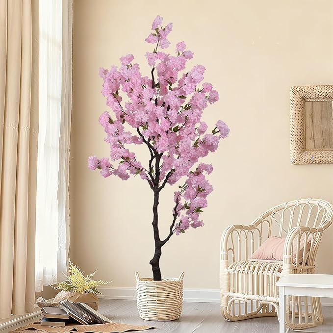 Artificial Pink Cherry Blossom Tree 7ft(83in) Tall Fake Silk Leaves Indoor Decor Handmade Lifelike Sakura Tree for Wedding Realistic Cherry Plant in Pot for Home Living Room,Office,Outdoor Decor