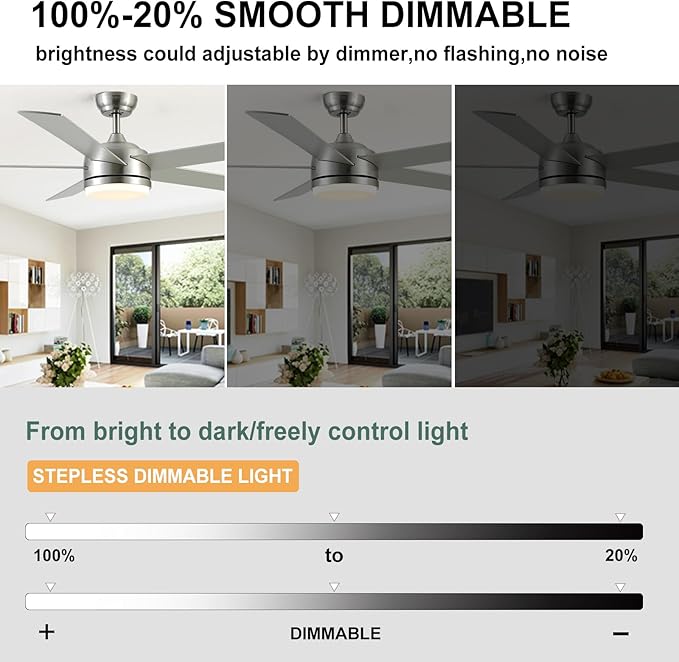 YUHAO 60 Inch Brushed Nickel Ceiling Fan with Light and Remote Control.Noiseless,Dimmable,3CCT,6 Speeds Reversible, DC Ceiling Fans for Indoor or Covered Outdoor
