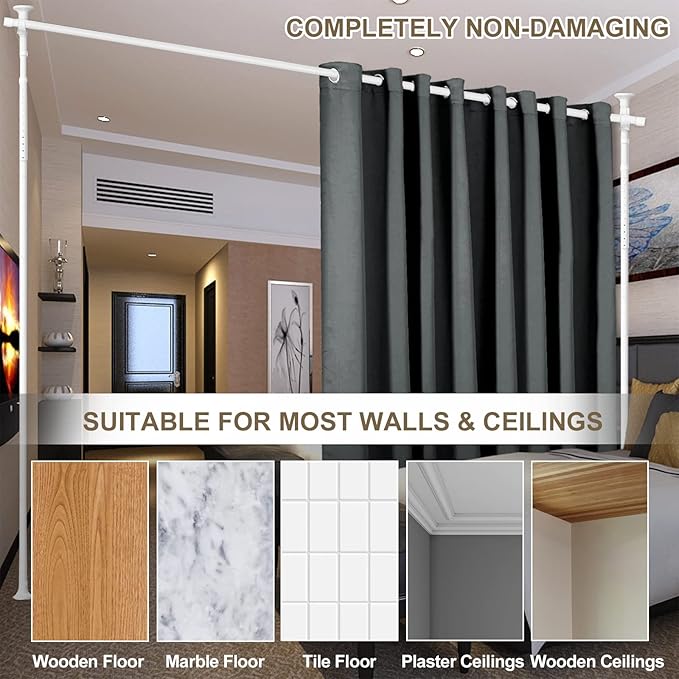 Room Divider, No Drilling Curtain Rod for Room Separation, 4-10ft (H) 28-70inch(W) Adjustable Heavy Duty Floor to Ceiling Partitions, Portable Hanging Wall Dividers Space Separator Window Rods White