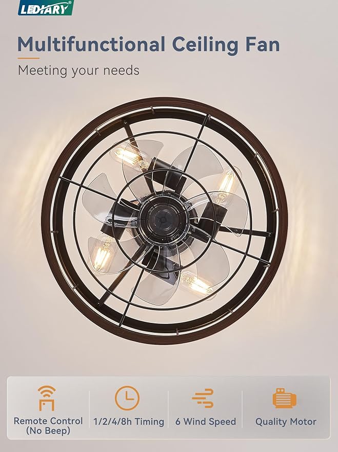 LEDIARY 16.5in Caged Ceiling Fan with Light, Bladeless Industrial Ceiling Fan with Remote, Rustic Metal Fan Lights Ceiling Fixtures for Kitchen, Farmhouse, Bedroom（6 Speed,1/2/4/8h Timing）-Walnut