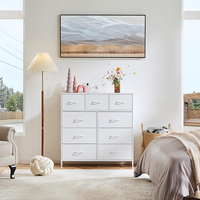 OLIXIS Dresser for Bedroom, 9 Storage Drawers, Wide Fabric Closet Chests Organizer Tower Furniture, TV Stand with Wooden Top Metal Frame for Clothes, Living Room, Hallway, Entryway, Classic White