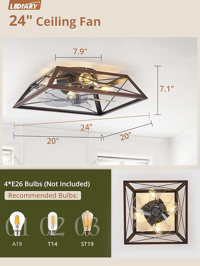 LEDIARY Ceiling Fan with Light, 24 Inch Farmhouse Caged Flush Mount, Low Profile Fan Light Fixture, Small Industrial Rustic Ceiling Fan with Remote